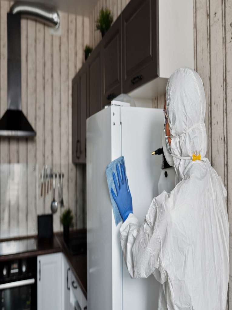 Technician in protective equipment disinfecting a kitchen